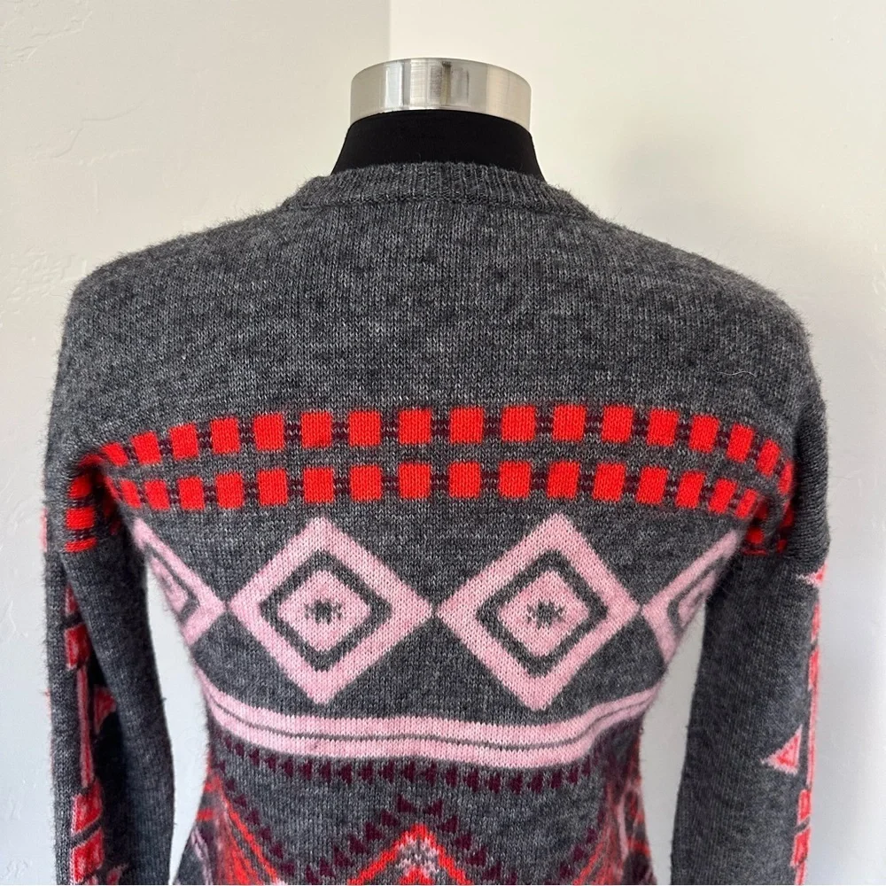 J. Crew Nordic Fair Isle Wool Mohair Blend Gray and Red Sweater Size S